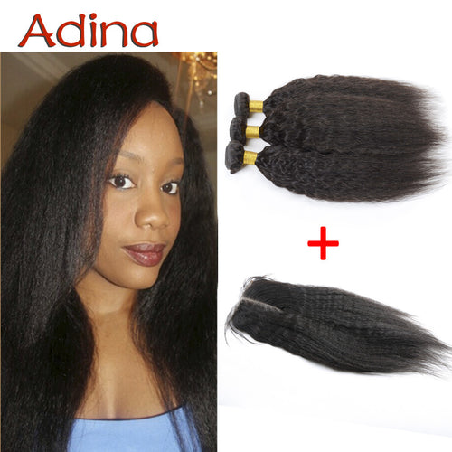 6A Brazilian Kinky Straight Virgin Hair 3 Bundles With Lace Closure Coarse Yaki Human Hair Weave Italian Light Yaki With Closure