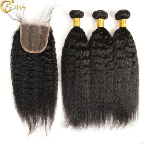 Mongolian Virgin Hair Kinky Straight 3Bundles With Lace Closure Yaki Mongolian Natural Color Kinky Straight Hair With Closure