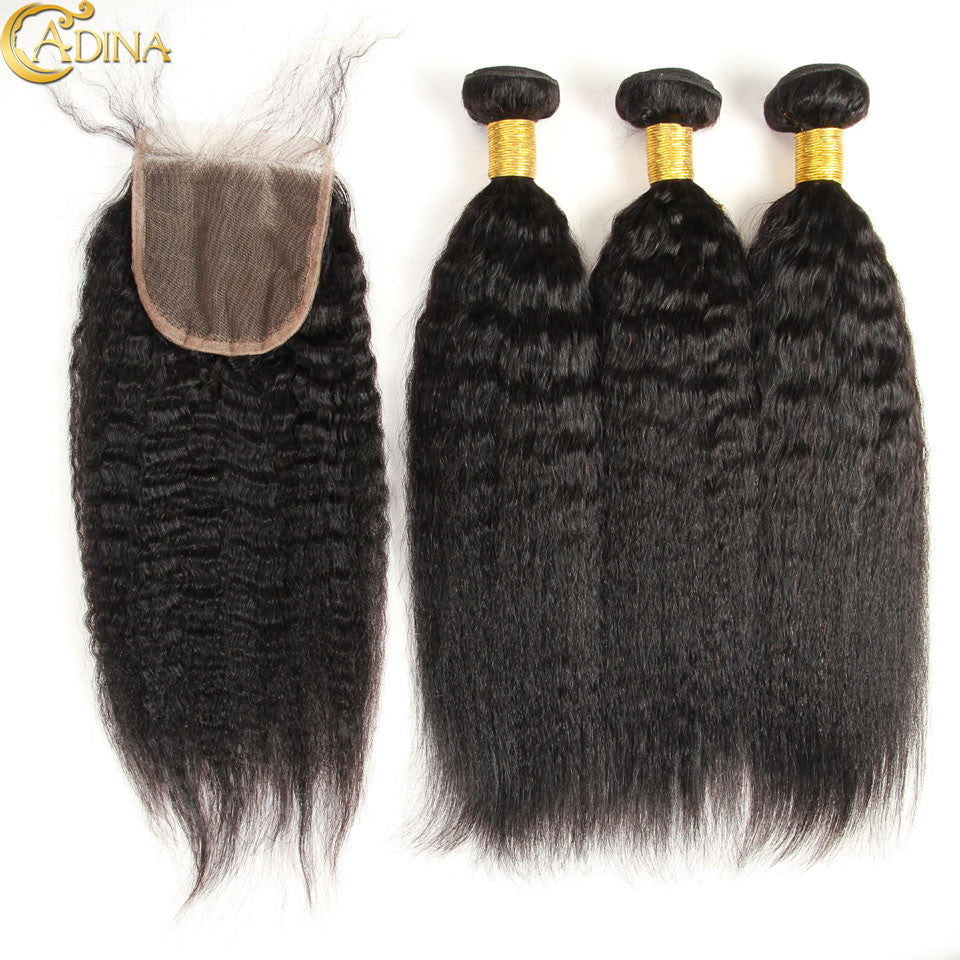 Mongolian Virgin Hair Kinky Straight 3Bundles With Lace Closure Yaki Mongolian Natural Color Kinky Straight Hair With Closure